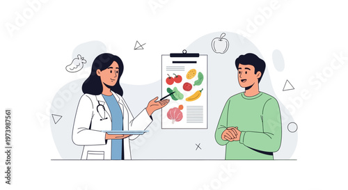 Nutritionist consults patient on healthy diet with fruits and vegetables chart