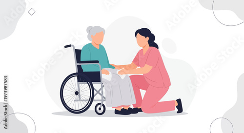 Nurse caring for elderly woman in wheelchair, home care, medical assistance, support