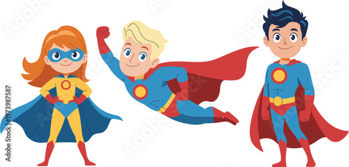 Bright colorful cartoon superhero kids characters flying and standing with capes illustration