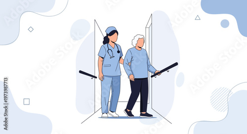 Nurse assisting elderly patient walking with handrails in hallway