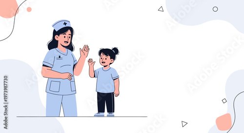 Nurse and child high-five, healthcare, medical, friendly interaction, illustration