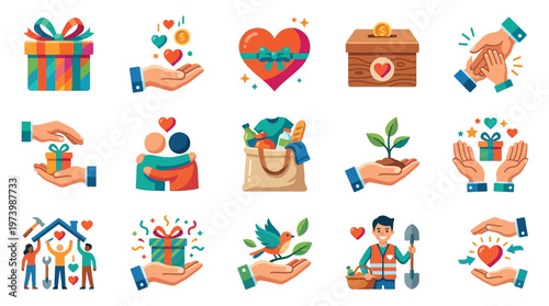 Collection of colorful flat icons representing charity, donation, volunteering, and acts of kindness.