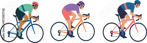 Cyclists riding road bikes in racing positions dynamic sports illustration set for fitness and competition themes