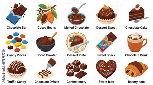 A vibrant collection of 15 distinct illustrations showcasing various chocolate-themed food items and ingredients, presented in a grid layout.