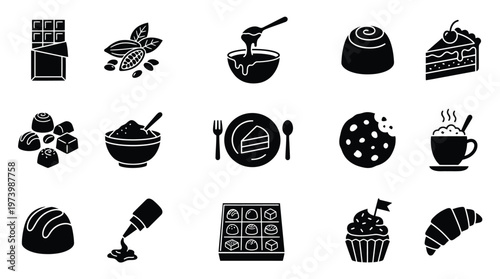 A collection of black and white icons representing various chocolate-themed desserts and treats, including bars, bonbons, cakes, cookies, and hot beverages.