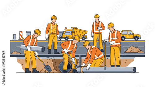 Road Repair in Progress: A team of construction workers diligently works on a road repair project, focusing on infrastructure and maintaining public safety.