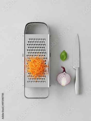 Grater, Onion, Carrot Shreds, Basil Leaf and Knife still life arrangement