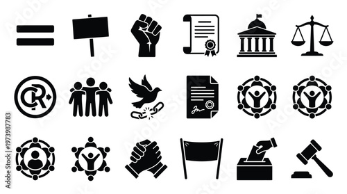 A collection of black and white icons representing concepts of equality, justice, human rights, democracy, and social activism.