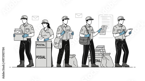 Postal Workers in Action: Illustrative representation of postal workers engaged in various tasks, highlighting their commitment to delivering messages and parcels efficiently and professionally.