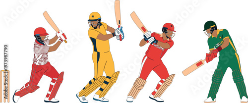 Professional cricketers playing shots with bats showing movement energy and competition in colorful athletic vector collection