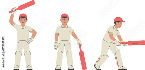 Cricket player character set with batting poses and equipment sports illustration for training and game design