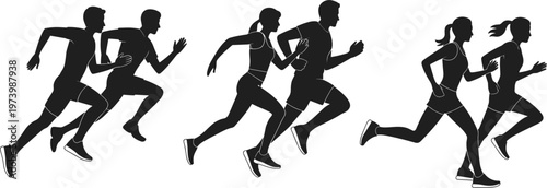 Running athletes silhouettes set with men and women sprinting dynamic sports illustration for fitness and training themes