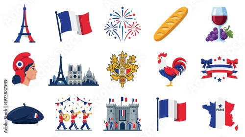 A vibrant collection of French cultural symbols and landmarks, including the Eiffel Tower, flags, and iconic food items.