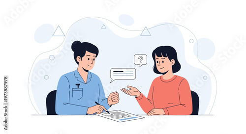 Two people discussing, one taking notes, representing consultation or interview