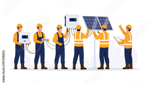 Solar Panel Installation Team: A team of skilled technicians is diligently installing solar panels, demonstrating expertise and teamwork in harnessing clean energy.