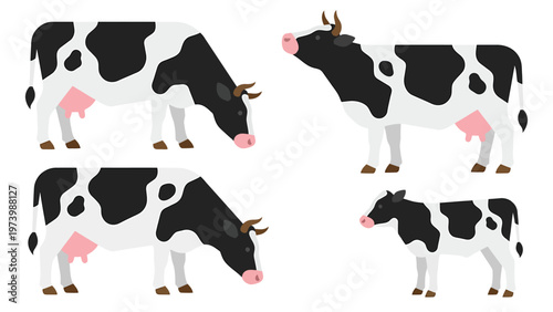 Cartoon Holstein Cows and Calf Set. Farm Animals in Various Poses. Dairy Cattle Vector Illustration