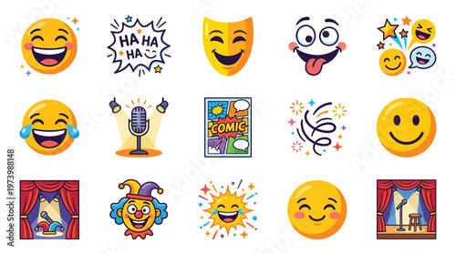A vibrant collection of cartoon-style icons representing humor, comedy, and laughter, featuring emojis, a clown, a stage, and comic book elements.