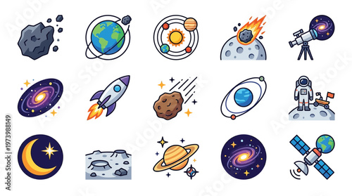 A vibrant collection of cartoon-style illustrations depicting various celestial bodies, spacecraft, and astronomical phenomena in outer space.