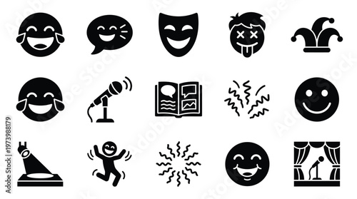 A collection of black and white icons representing various aspects of comedy, humor, and performance, including laughing emojis, a jester's hat, a stage, and a microphone.