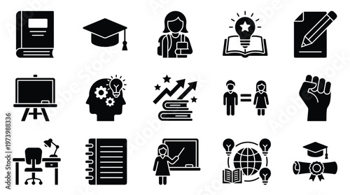 Collection of educational icons representing learning, teaching, knowledge, and academic achievement.