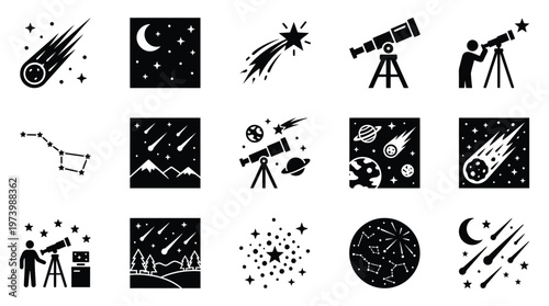 Collection of Astronomical Icons Depicting Celestial Events, Telescopes, and Stargazing Activities.
