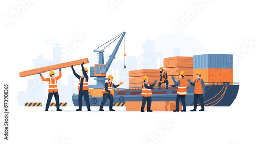 Seaport Labor: A team of diligent workers manages cargo operations at a bustling seaport, demonstrating their coordination in unloading timber onto a ship, a testament to industry and productivity.