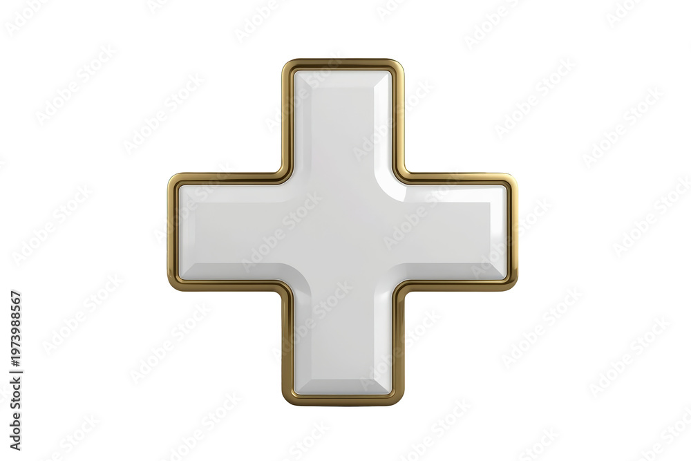 Fototapeta premium Plus sign glossy white 3d render with golden frame representing health, positivity, growth, and addition