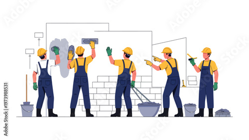 Construction Team in Action: A dynamic illustration showing a construction crew at work, diligently building a brick wall, embodying the precision, coordination.