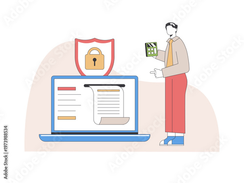 A man using a laptop with a shield and lock icon on the screen, symbolizing data protection and cybersecurity. Tariff illustrations. Flat vector concepts.
