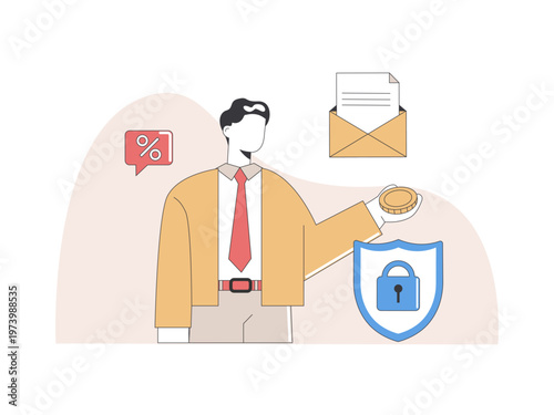Businessman holding a coin, signifying monetary value depicting the concept of secure data and financial protection. Tariff illustrations. Flat vector concepts.