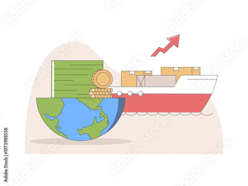 A cargo ship loaded with containers, symbolizing global maritime trade and shipping. Tariff illustrations. Flat vector concepts.