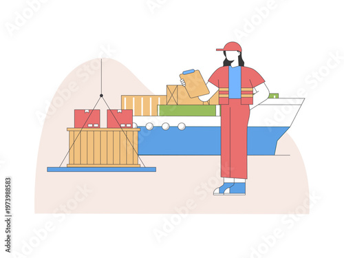 A dock worker or logistics officer holding a clipboard, overseeing the loading of cargo depicting a freight logistics scene. Tariff illustrations. Flat vector concepts.