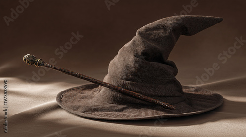Wizard hat and wand on fabric surface