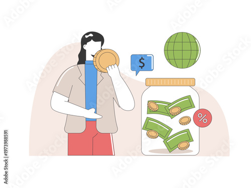 Young woman placing a coin into a transparent jar filled with currency, symbolizing accumulation and savings. Tariff illustrations. Flat vector concepts.
