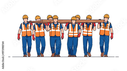 Construction Crew Teamwork: A group of construction workers in safety gear collaborate to carry a long beam, showcasing teamwork and collaborative effort.
