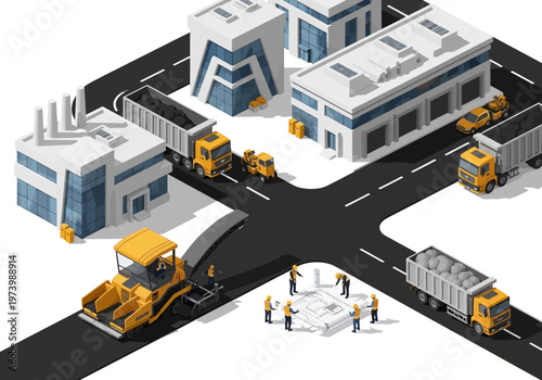 Construction workers oversee road repair and infrastructure development with heavy machinery on a city street