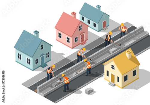 Construction workers repairing a road between suburban houses, isometric view