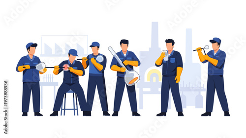 Industry teamwork: Group of industrial workers, holding and checking various tools. Depicting a scene of industrial harmony and expertise.