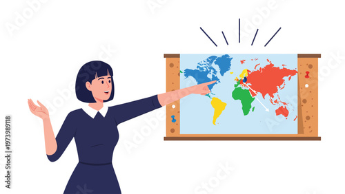 Woman pointing at world map. Global education, travel planning, international business, geography lesson concept.
