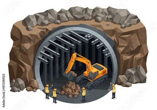 Construction workers and excavator in tunnel construction site with dirt and debris