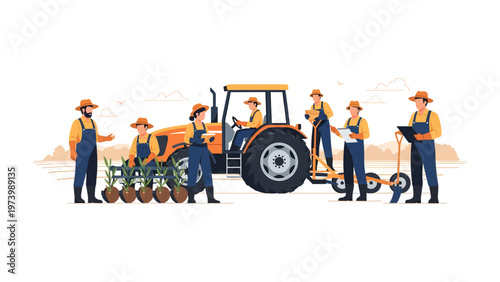 Cultivating a Brighter Future: A team of farmers tending the land with tractors and innovative tools, embodying the synergy of traditional methods and agricultural advancements.
