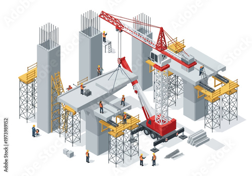 Construction of an elevated highway overpass using cranes and scaffolding