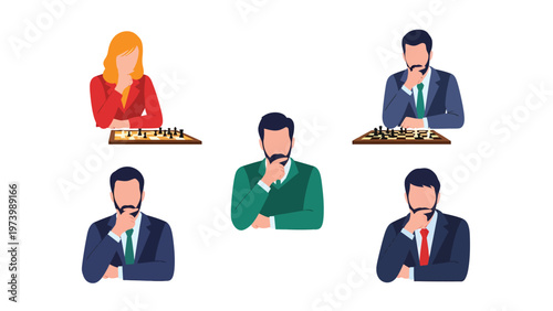 Diverse Business People Thinking with Chessboards. Strategy, Problem-Solving, and Decision-Making Concept Illustration.