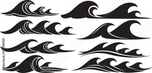 Black and White Ocean Wave Graphic Illustrations Set