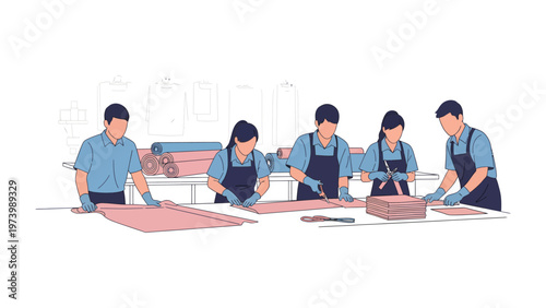 Crafting in Concert: A skilled team meticulously crafts fabric with precision and care, showcasing a harmonious workspace environment.