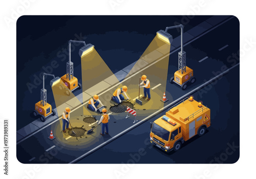 Road construction workers illuminated by floodlights fix potholes on a dark street with a repair vehicle