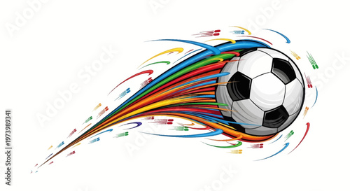 A dynamically styled vector illustration features a soccer ball in motion, streaking across a clean white background with colorful lines trailing behind, creating a vibrant and energetic
