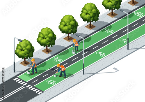 Workers painting a new bicycle lane on a road next to a sidewalk and trees