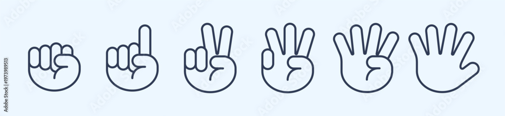 Fototapeta premium Minimalist Line Art Hand Counting Finger Gestures. Vector Set of Outline Hand Signs Showing Numbers Zero to Five in Modern Blue Line Style.