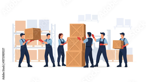 Warehouse Team's Endeavor: A dedicated team collaborates to manage and arrange parcels and wooden crates within a warehouse environment. Emphasizing efficient organization and coordinated teamwork.